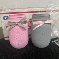New Gray & Pink Mason Jars with ribbons