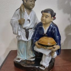 Vintage Wanjiang Clay Mudman 2 Young Chinese Men w/ Lunch Bowl .