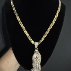 14K Gold filled Egyptian eye chain with a Diamond Virgin Mary Pendant 