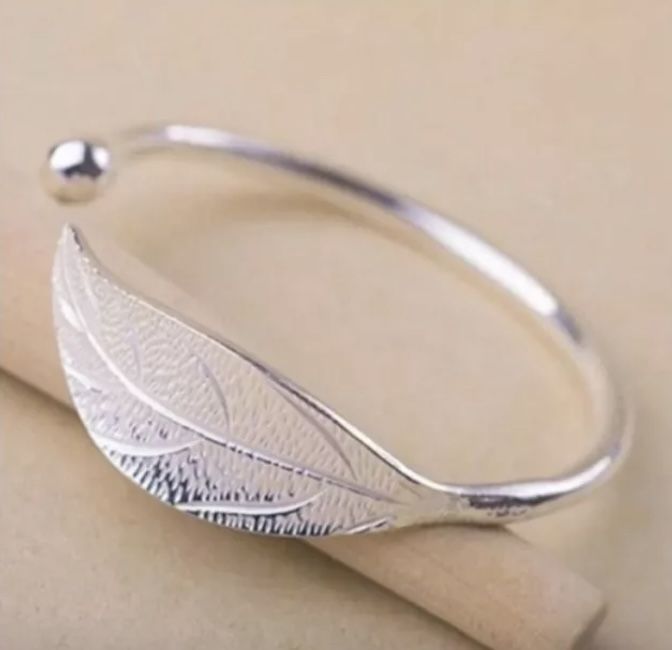 Bohemian Sterling Silver Leaf Bangle Bracelet Precious Metal Rhodium Finish