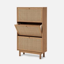 mopio Hannah Shoe Cabinet, Natural Rattan Farmhouse Shoe Storage Organizer, 3 Door Closet Rack for Entryway, Spacious Hallway Storage Cabinet with Doo