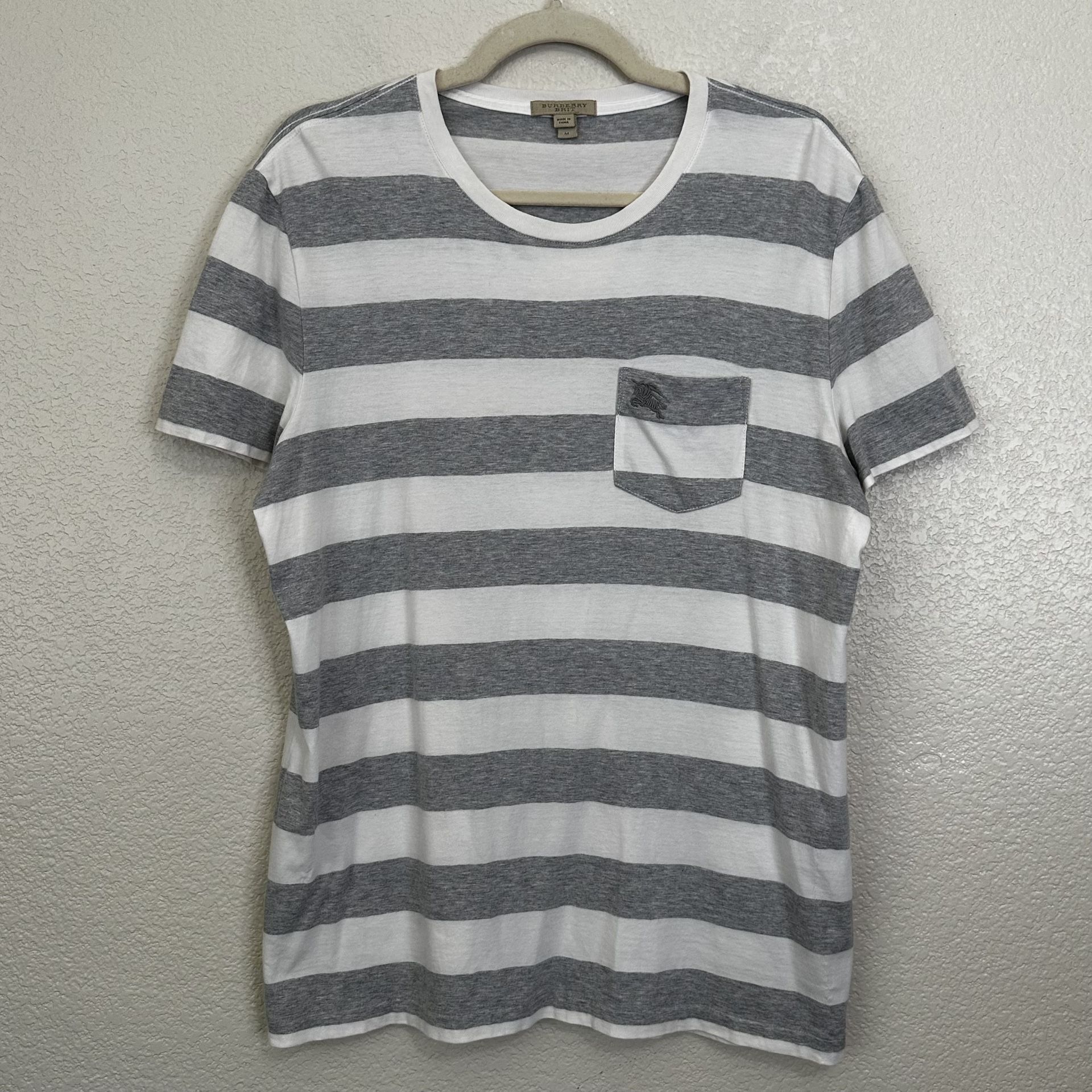 Burberry Brit Gray White Stripe Short Sleeves Men's Tee, Sz Medium