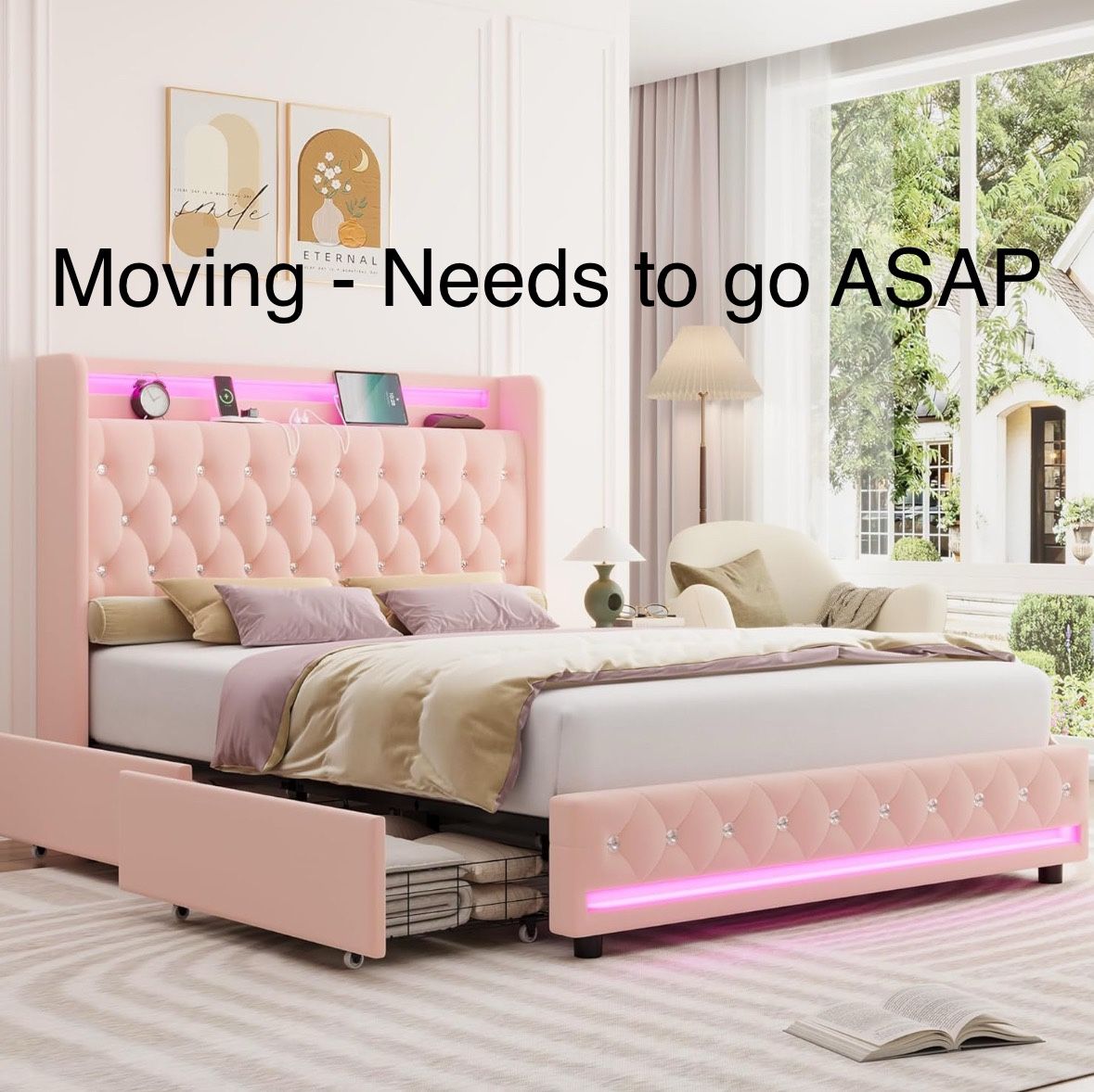 Girl Bed Pink W Mattress - Tufted With LED lights And Storage - FULL