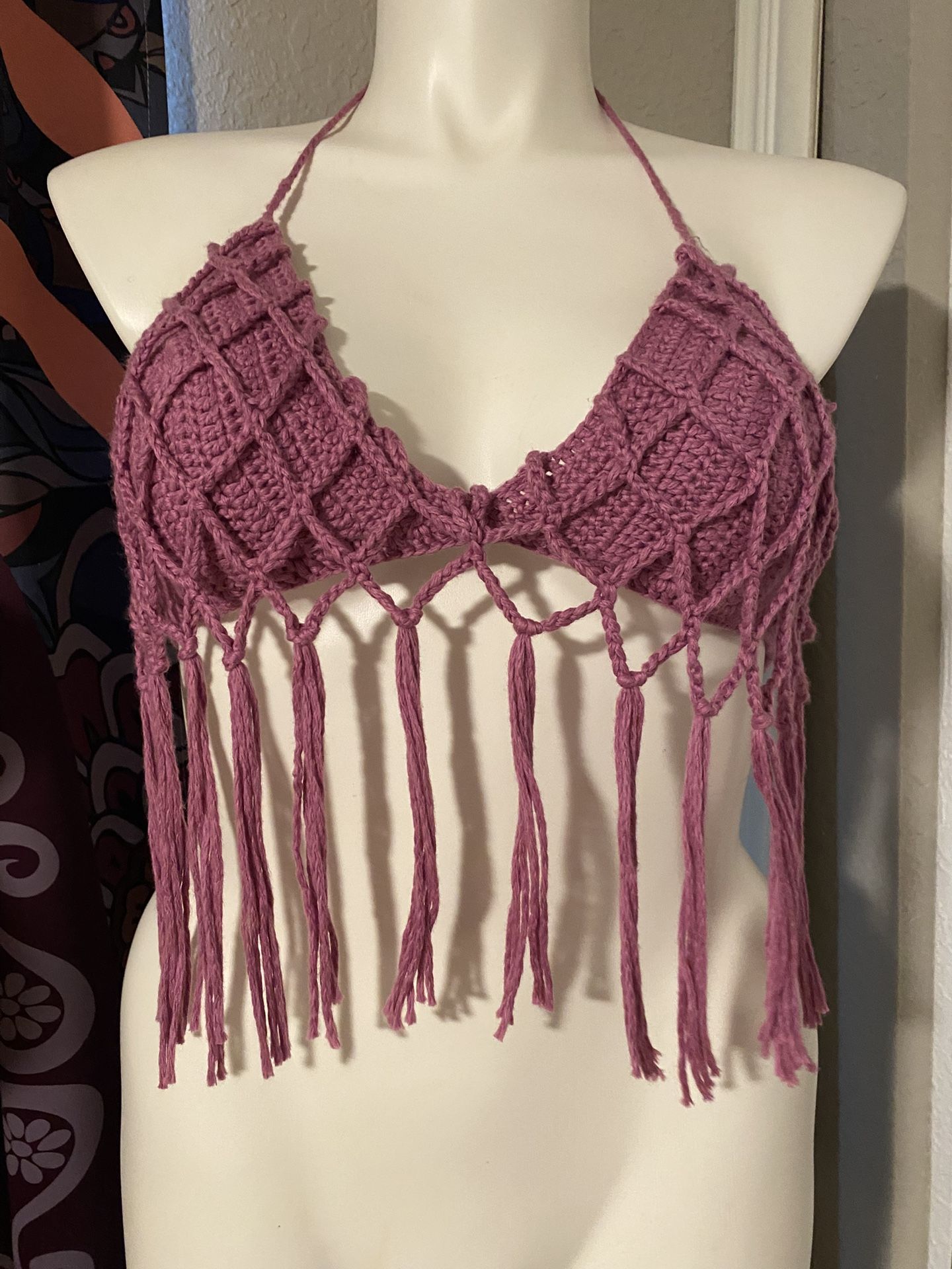 Net Like Crochet Bikini Top With Tassels