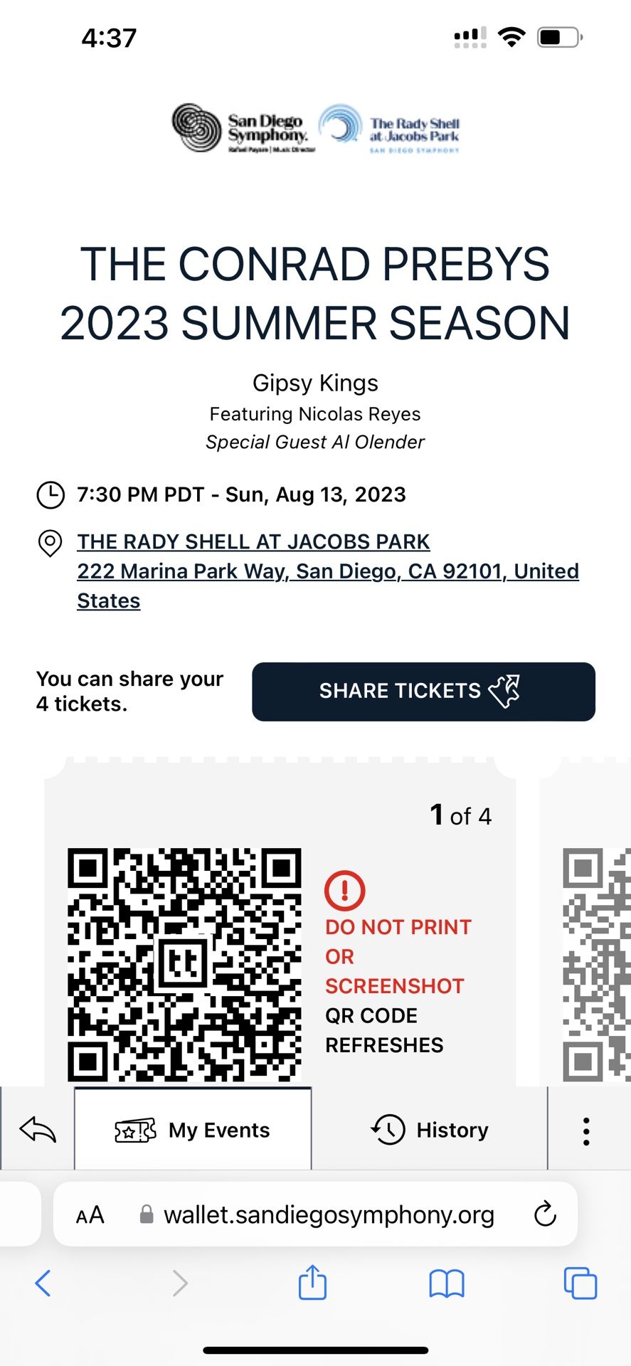 For Sale Concert Tickets x 4 The Gypsy Kings