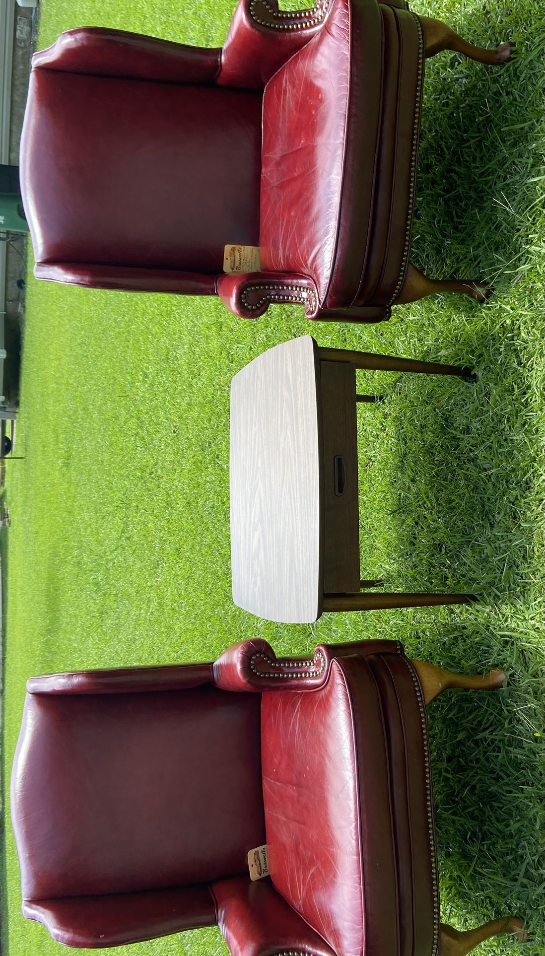 Wing Back "Hickory" Leather Chairs & Lane Side Table