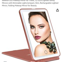 deweisn LED Makeup Mirror for Travel, 32 LEDs Lighted Vanity Mirrors with Dimmable Lighting,Compact, Slim, Rechargeable Lighted Mirror, Folding Makeup