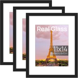 upsimples 11x14 Picture Frame Set of 3, Made of High Definition Glass for 8x10 with Mat or 11x14 Without Mat, Wall and Tabletop Display Photo Frames, 
