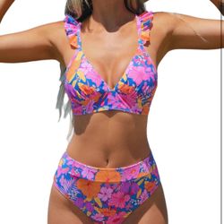 Medium Pink Floral CUPSHE  Bikini Sets 2 Piece Swimsuit High Waisted Bottom Floral Print Ruffle V Neck Bathing Suits