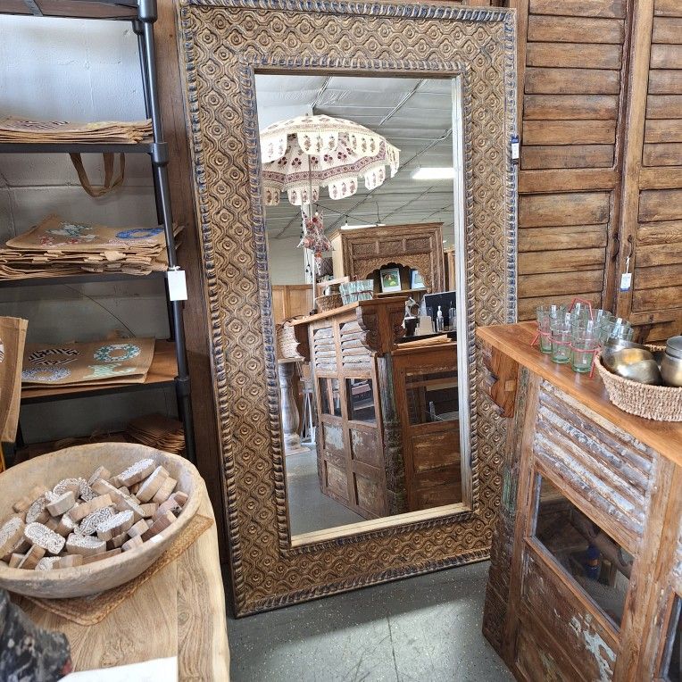 Hand Carved Solid Wood Floor Mirror From India
