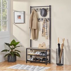 Coat Rack, Hall Tree with Shoe Bench, Entryway Shoe Storage with Coat Rack Stand, 9 Movable Hooks, Industrial Entryway Furniture, Gray