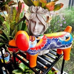 Colorful Handcrafted Mexican Folk Art Talavera Dog Statue Outdoor Indoor 17" Long