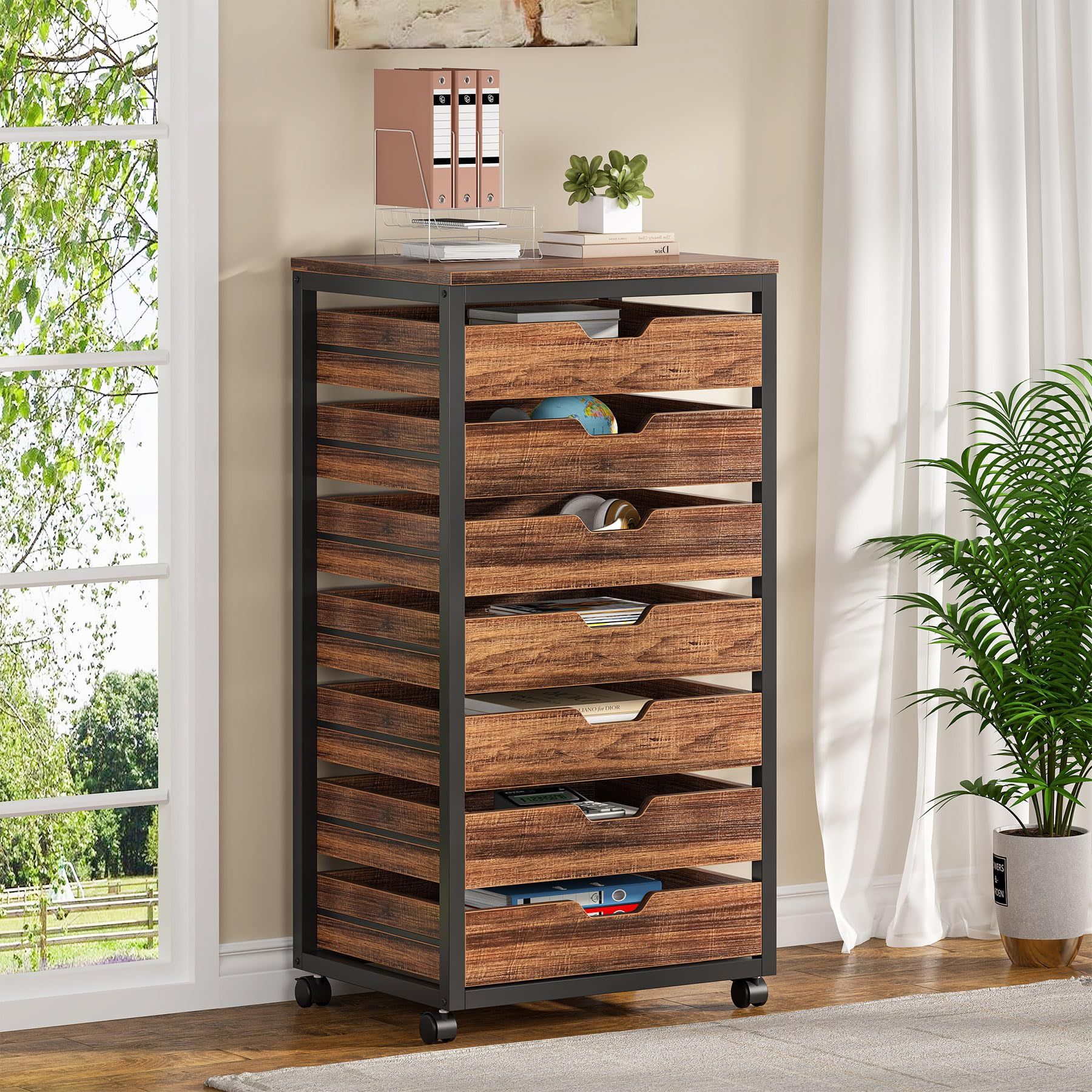 Tribesigns 7-Drawer File Cabinet, Wood Mobile Storage Drawer Unit, Industrial Office Cabinet with Drawers & Wheels, Rolling Printer Stand for