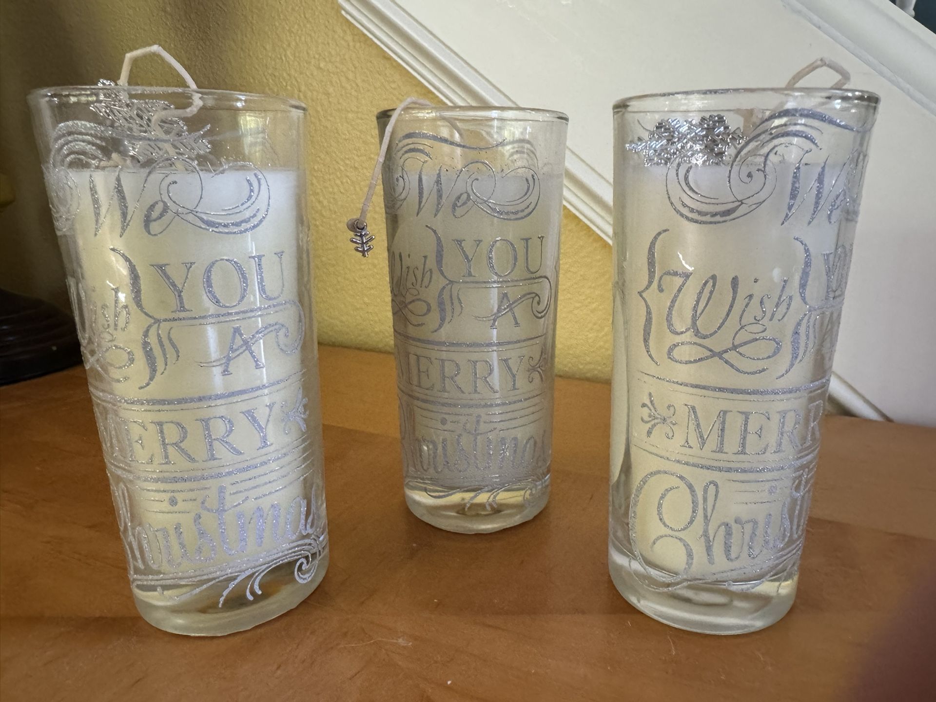 (3) Pier One Imports Snowy birch We wish you a Merry Christmas candles