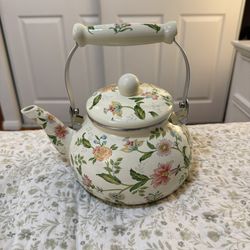 Vintage White Floral Enamel Tea Kettle