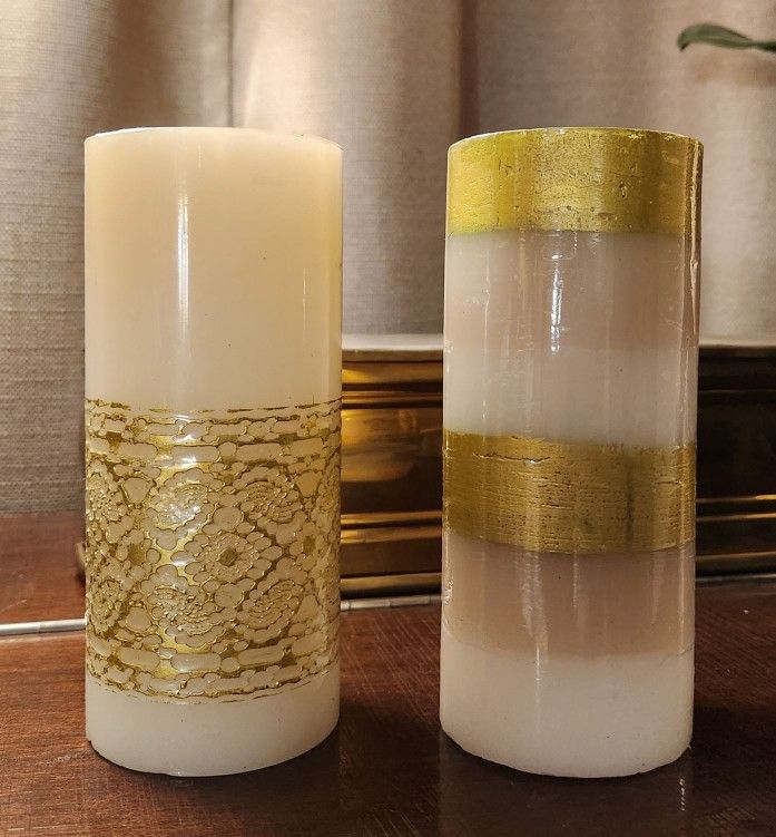 20 Gold and white striped 6" pillar candles, New unscented,