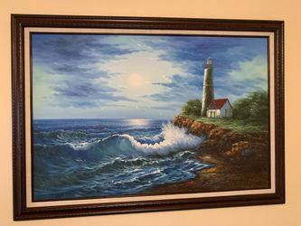 Lighthouse On The Coast Canvas Painting With Frame