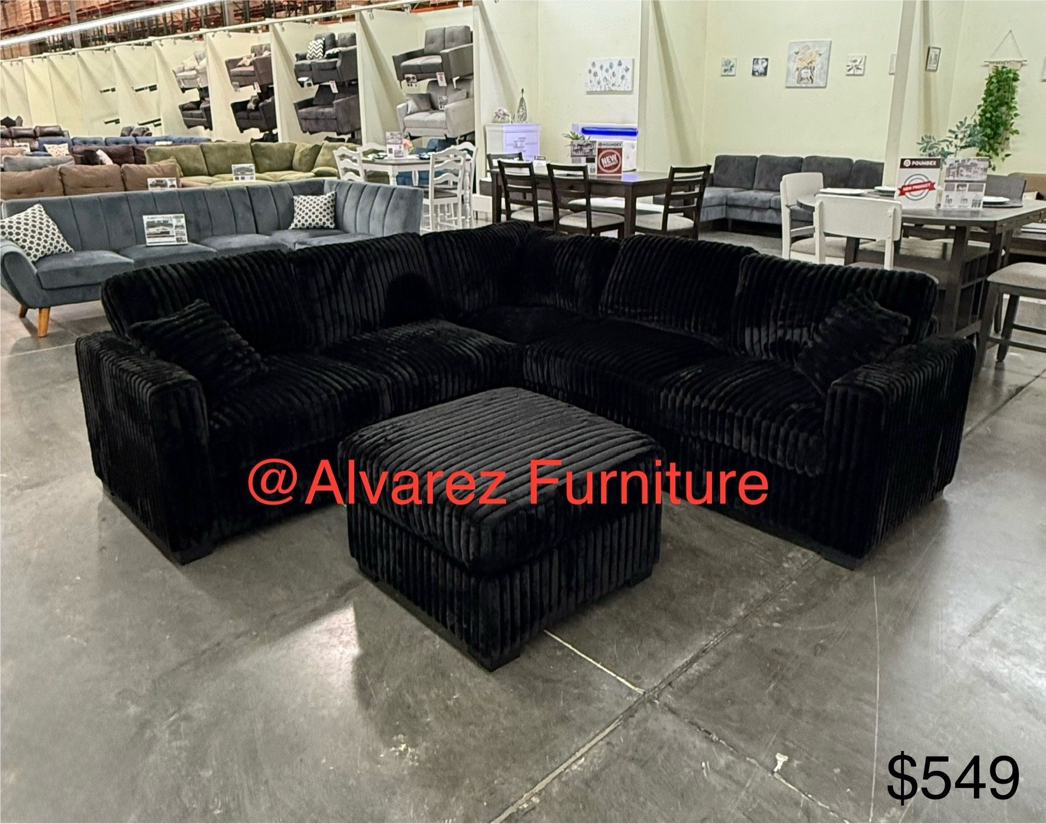 Black Corduroy sectional Sofa With Ottoman
