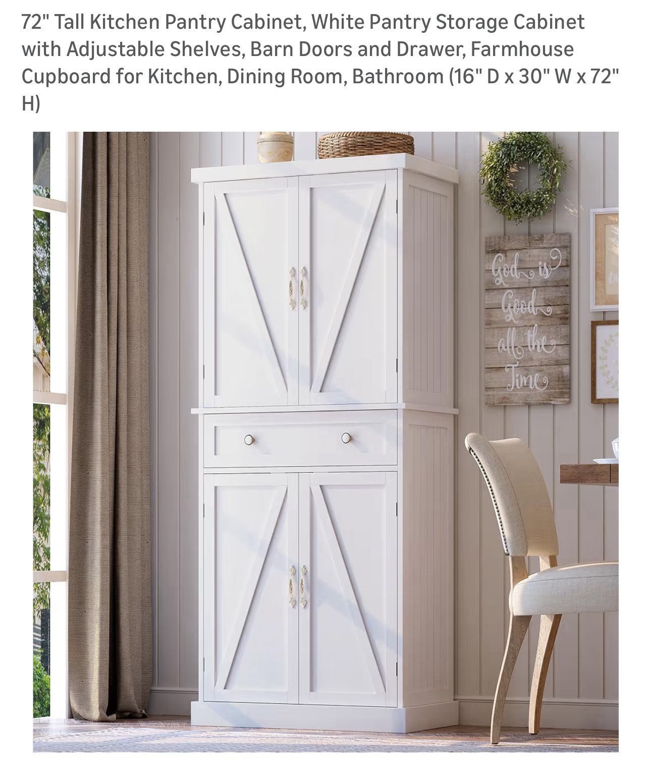 72" Tall Kitchen Pantry Cabinet, Farmhouse Cupboard 