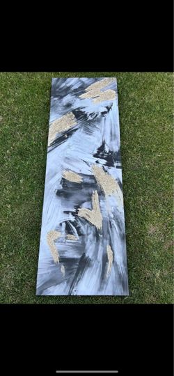 Abstract Canvas Painting Black White Gold 20x59