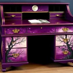 Custom Order Option: Antique Roll-Top Writer's Desk Goth Purple Witchy Moon Cat Art, Vintage Home Office Decor, Dark Academia Mystic Trees