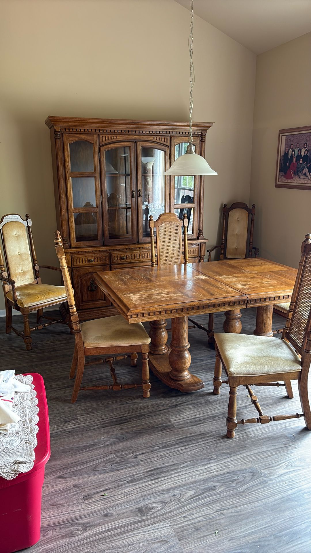 Wood Dining Room Table, Chairs, Hutch