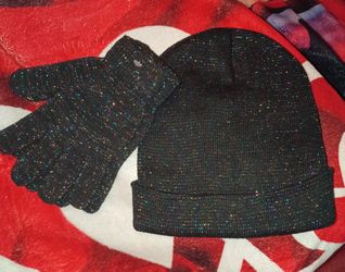 Black Glitter Knit Beanie and Gloves Set
