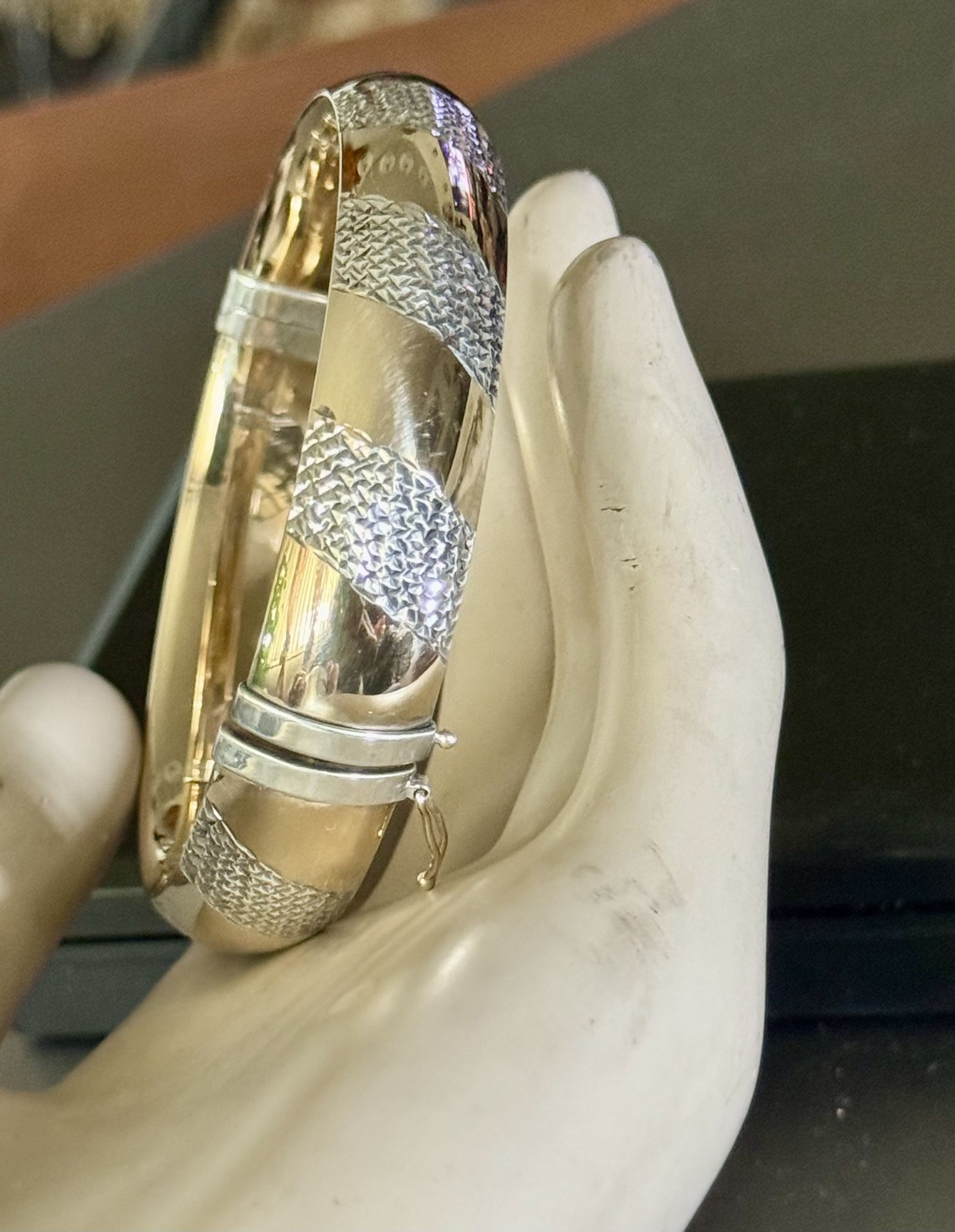 Vintage .Sterling 925 1/20 14K Gold Filled and Diamond-cut  13.03 MM Hinged Size 7 “ Bangle Bracelet 20.05 Grams 