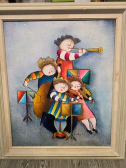This is an original oil painting on canvas by artist Joyce Roybal, known for her stylized depictions of children playing musical instruments.