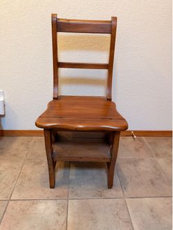 Antique Folding Library Ladder Chair 2-in-1 Convertible Step Stool Chestnut