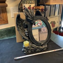 Dragon Gothic Fantasy Larp Roleplaying candle holder and mirror, stand approximately 14” tall 