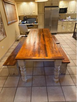 Custom Rustic Farmhouse Dining Table Set w/ Benches – 9FT Solid Wood