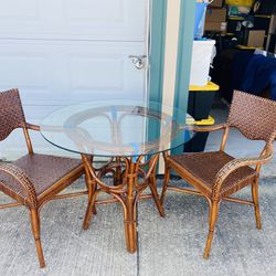 Rattan Glass Top Table And Two Chairs 