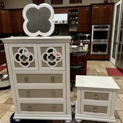 White Dresser, Beside Table, And Mirror Set