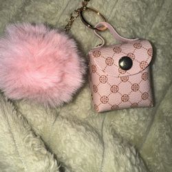 NEW Adorable Leather Bag Keychain with Fuzzy Pom Pom 