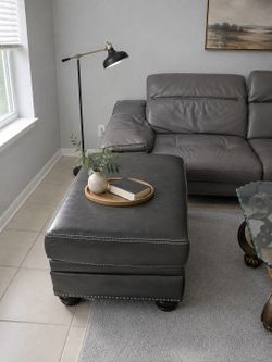 Dark Brown Leather Ottoman – Nailhead Trim