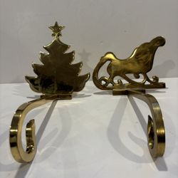 Pair of Vintage Brass Christmas Stocking Holders Hangers Tree Sled
