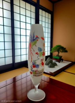 Vintage Frosted White Italian Satin Glass Vase Handpainted  Phoenix Birds 15"