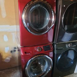 Samsung Red Front Load Washer And Stackable Gas Dryer Set 