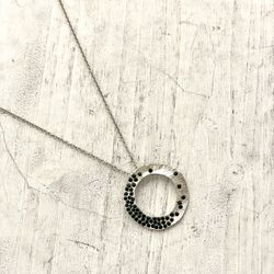 Silver Tone Circle Pendant With Green Rhinestones 