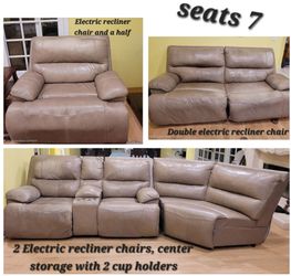 Living room couches and Chair.... premium leather - Tan Colored - 5 Electric Recliner Chairs
