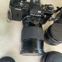 Fujica AX-3 Black & Chrome 35 MM Camera With X-Fujinon 1:1.9 f-50mm FM 3 Lenses