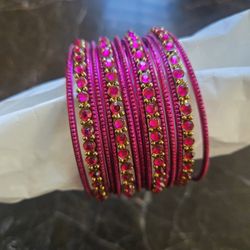 Set Of 15 Fuschia Pink Rhinestone Studded Thick & Thin Metal Bangles