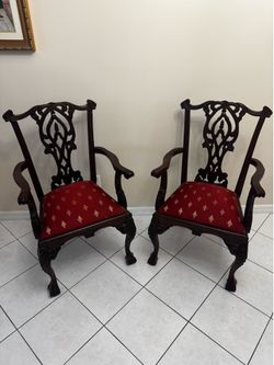 Vintage Mahogany Chippendale Style Arm Chairs (Set of 2)