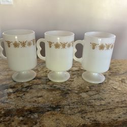 Set of three vintage Corelle Golden Butterfly Pedestal Coffee Cups Mug.