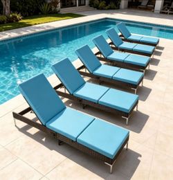 6PCS Patio Rattan Chaise Lounge Chair Outdoor Wicker Recliner Thickened Cushion Stepless Adjustable with Gas Cylinder (Blue)