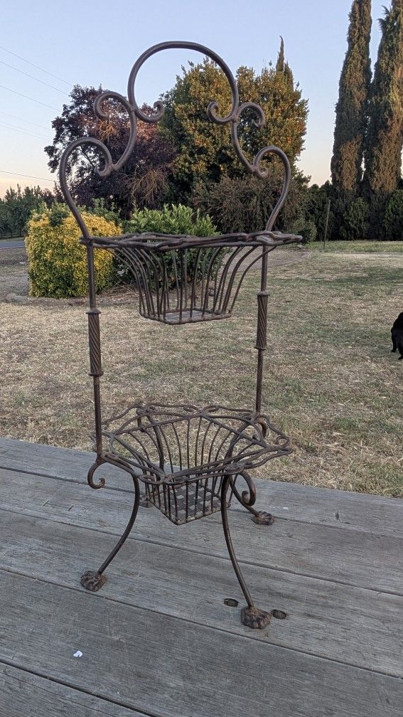 29" Tall Two-Tier Wrought Iron Basket Stand – Rustic Scroll Design Storage Rack
