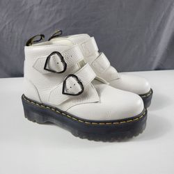 Dr Martens Devon Heart White Leather Quad Platform Chunky Boots Size 9