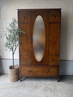 Vintage Burl Wood Wardrobe Armoire with Oval Mirror