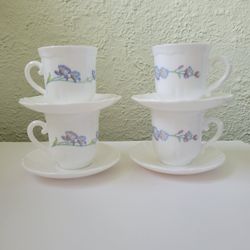 Arcopal France 4 Cups And Saucers Tea Coffee Tempered Glass White Blue Flower